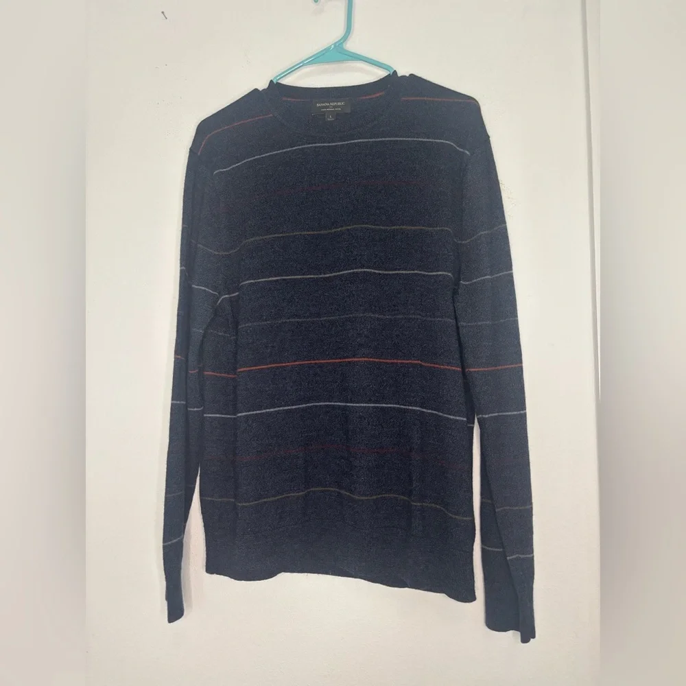 BANANA REPUBLIC NAVY STRIPED 100% MERINO WOOL MENS SWEATER SZ LARGE